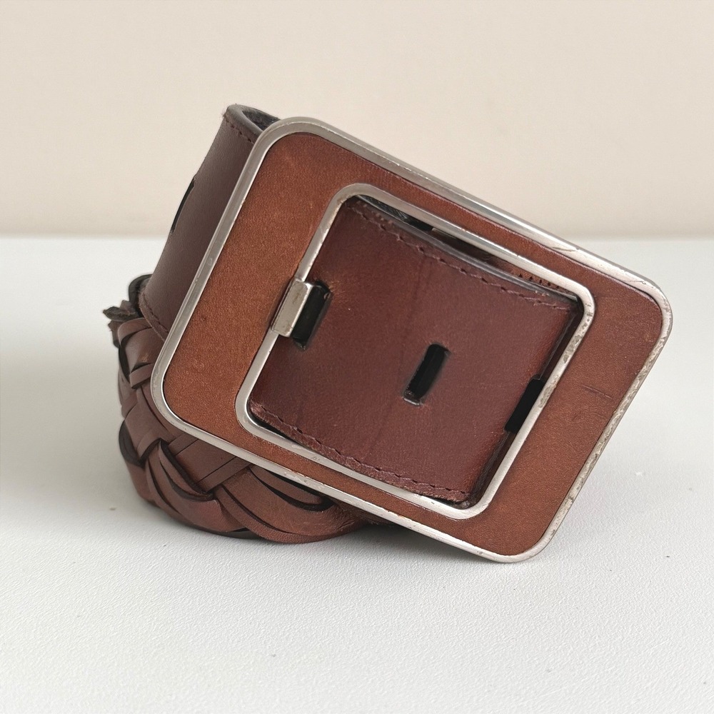 VTG Calvin Klein Brown Braided Genuine Leather Belt XL Rectangular Buckle